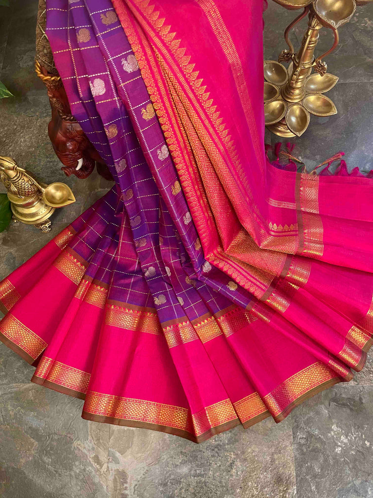 Kanjivaram silk sarees with classic checkered pattern adorned by peacock and chakra motifs