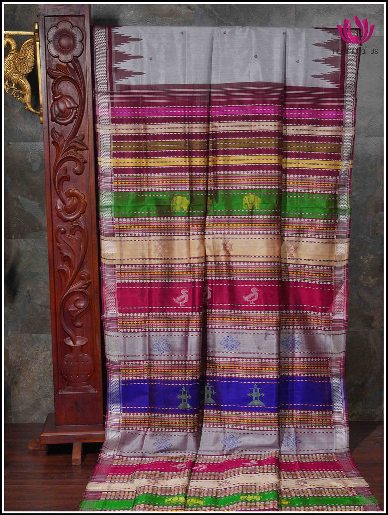 Berhampuri double pallu pure silk saree in Grey with Maroon border and vibrant pallu 12