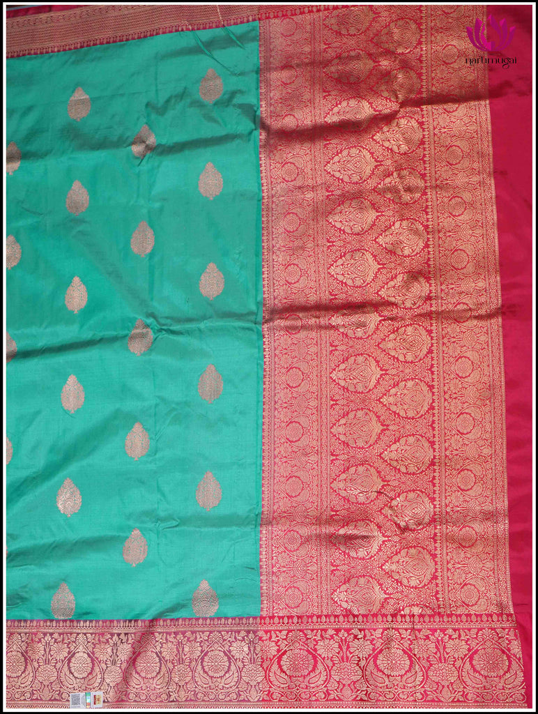 Banarasi Katan Silk Saree in Turquoise Blue and Pinkish Red 2