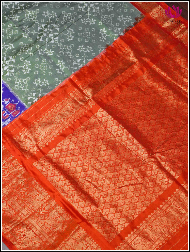 Ikkat Kanchipuram Silk Saree in Green and Red 3
