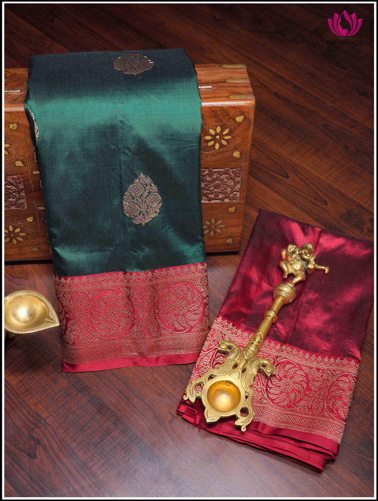 Banarasi Katan Silk Saree in Green and Maroon 1
