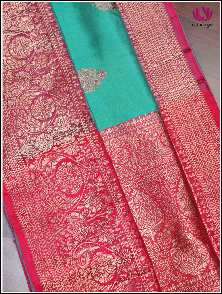 Banarasi Katan Silk Saree in Turquoise Blue and Pinkish Red 8