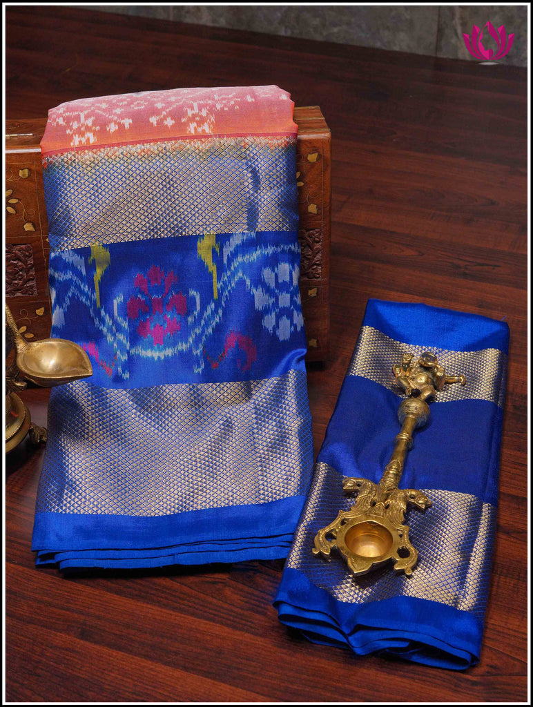 Ikkat Kanchipuram soft silk saree in Orange with Blue border 10