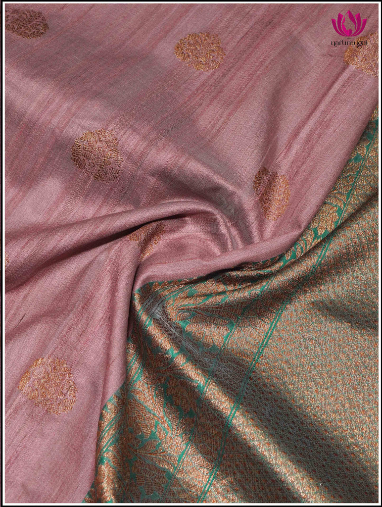 Banarasi Tussar Silk Saree in Lotus Pink and Green 5