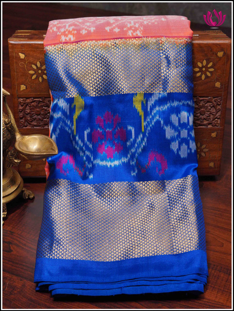 Ikkat Kanchipuram soft silk saree in Orange with Blue border 11
