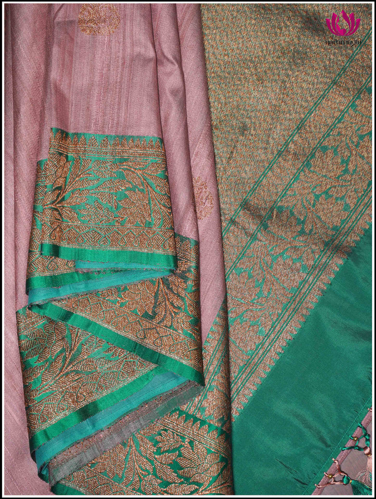 Banarasi Tussar Silk Saree in Lotus Pink and Green 6