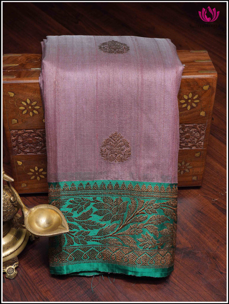 Banarasi Tussar Silk Saree in Lotus Pink and Green 8