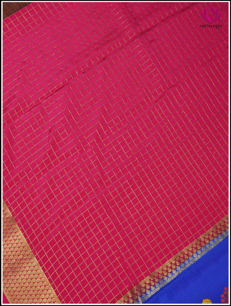 Mysore Silk Saree in Pink with Zari Checks and Hand Painted Pallu 6