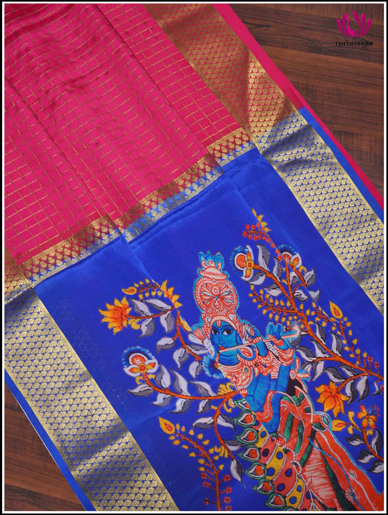 Mysore Silk Saree in Pink with Zari Checks and Hand Painted Pallu 1