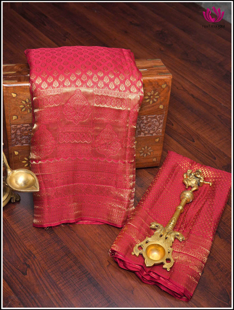 Mysore Silk Sari in Red with Gold Zari 9