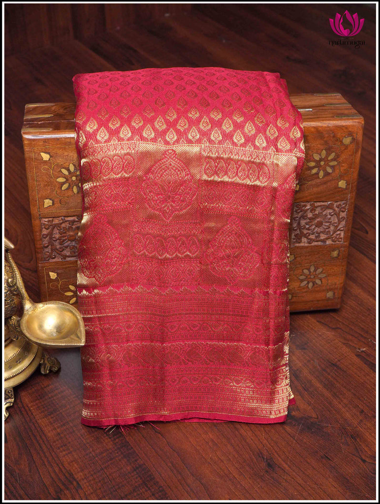 Mysore Silk Sari in Red with Gold Zari 10