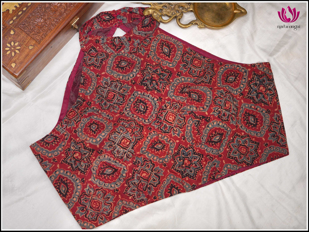 Red Kalamkari Printed Cotton Blouse, Sleeveless, Halter Neck - Size 38 2