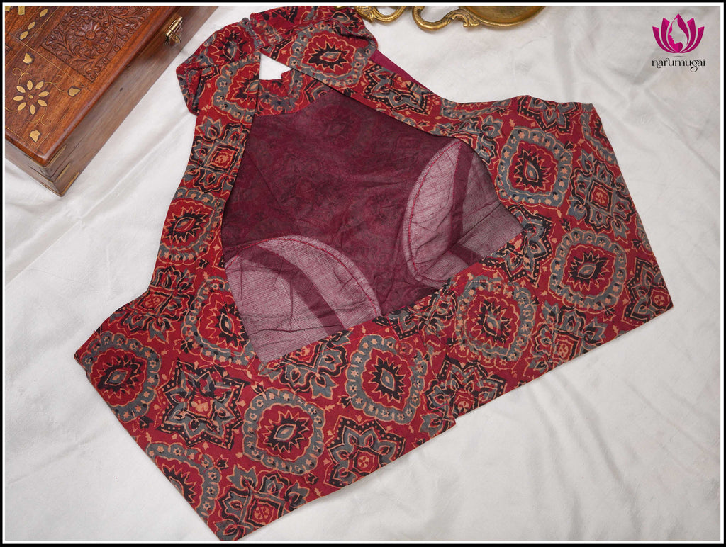 Red Kalamkari Printed Cotton Blouse, Sleeveless, Halter Neck - Size 38 1
