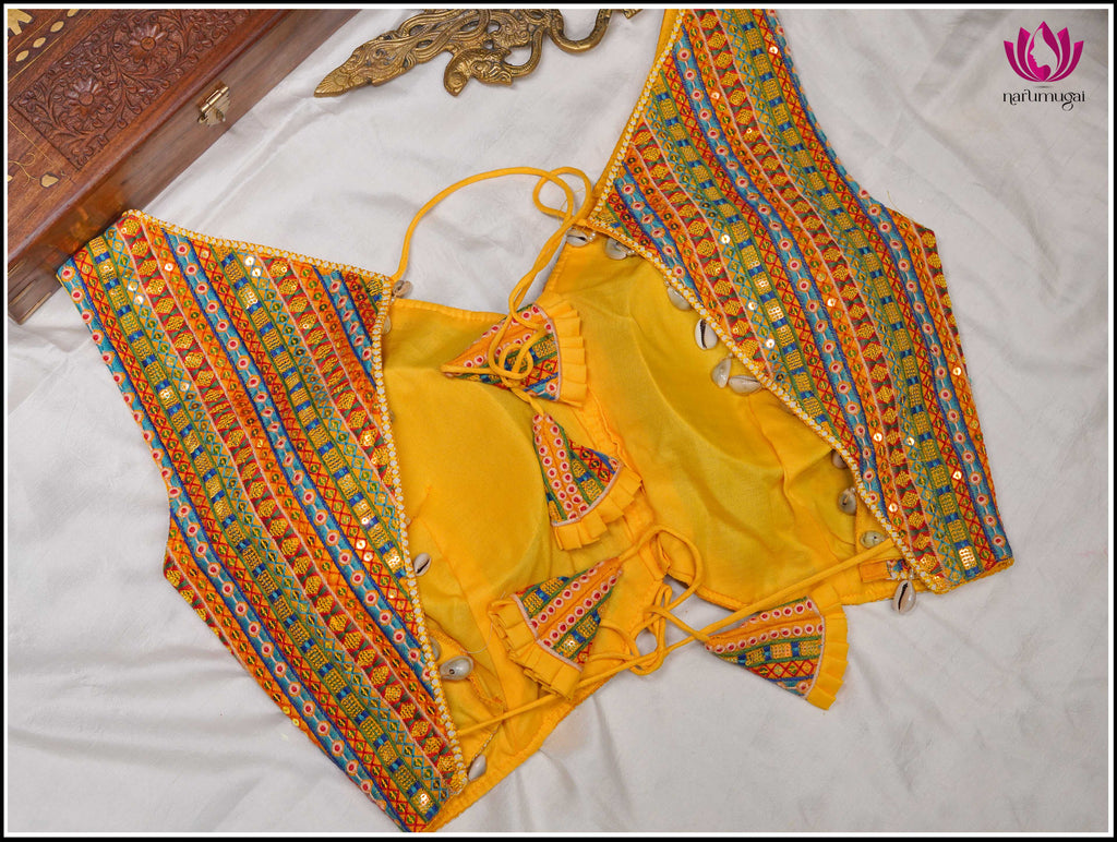 Yellow Raw Silk with colorful threadwork, Sleeveless & Backless 2