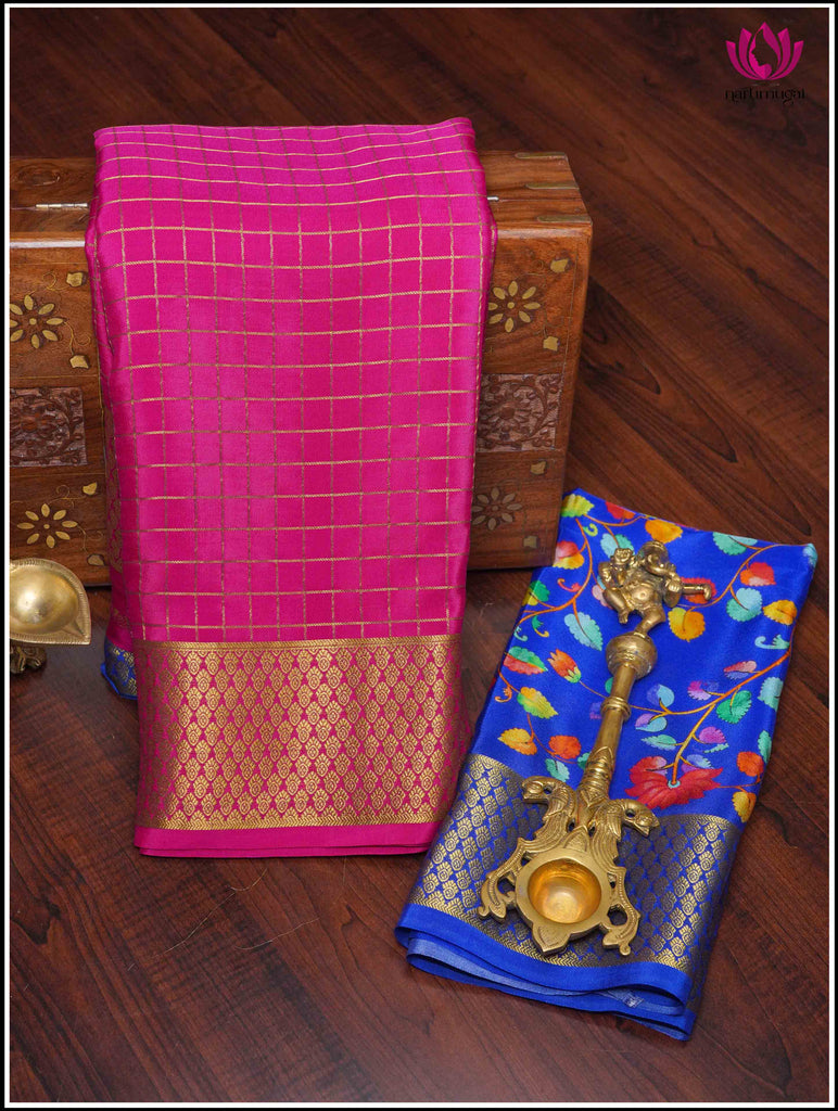Mysore Silk Saree in Pink with Zari Checks and Hand Painted Pallu 10
