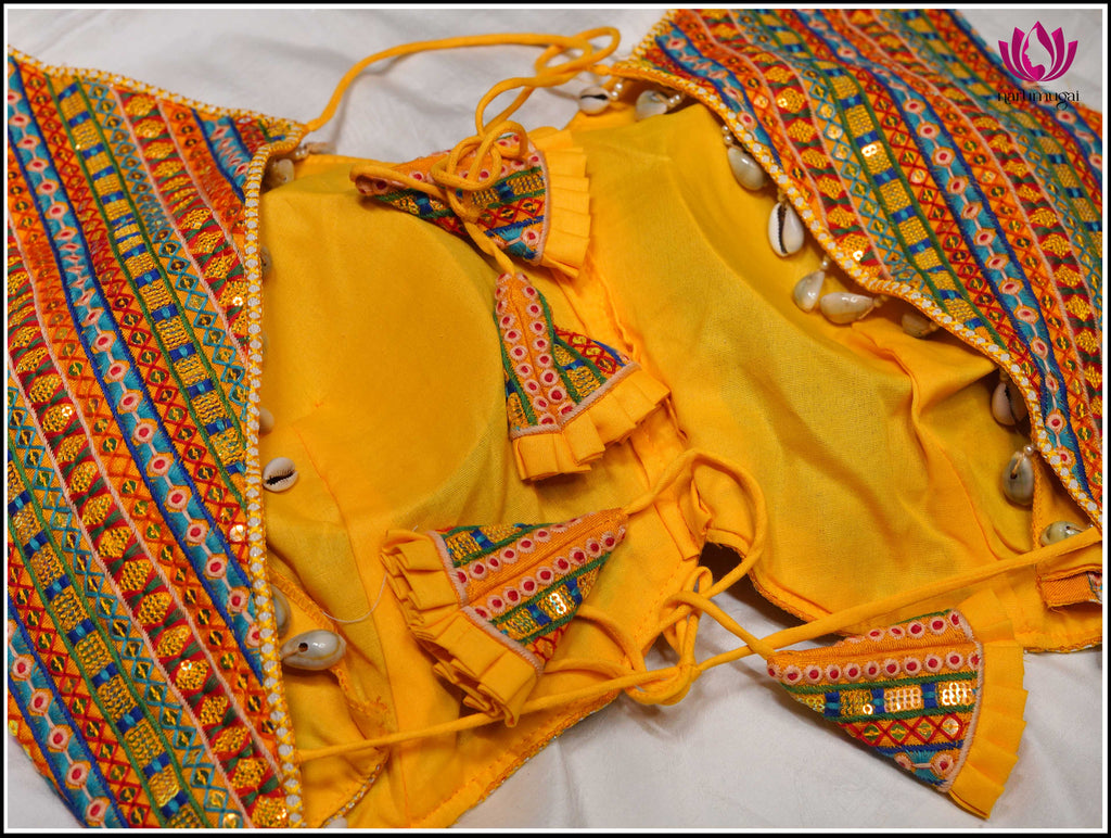 Yellow Raw Silk with colorful threadwork, Sleeveless & Backless 1