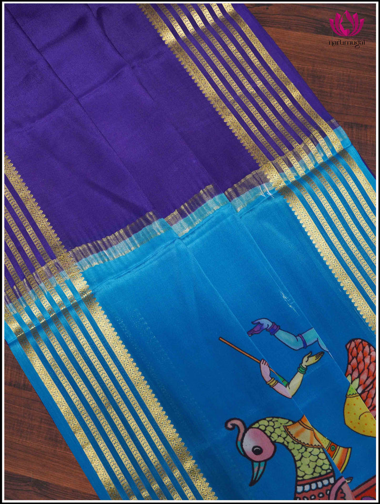 Mysore Silk Saree in Blue with Hand Painted Pallu3
