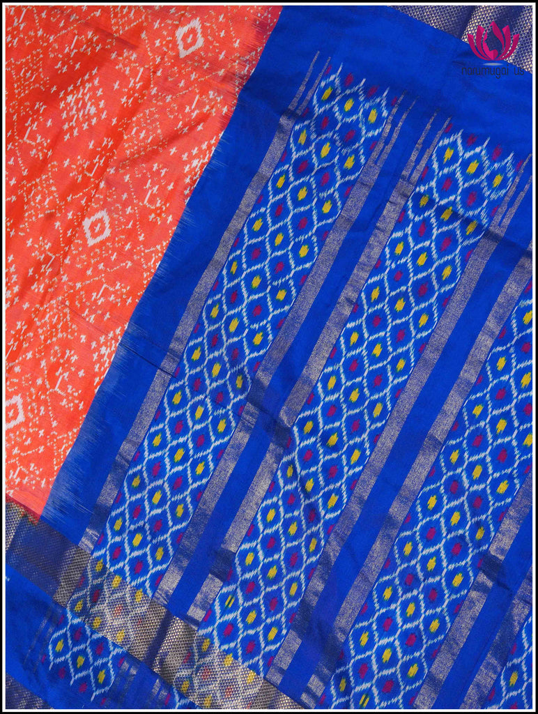 Ikkat Kanchipuram soft silk saree in Orange with Blue border 9