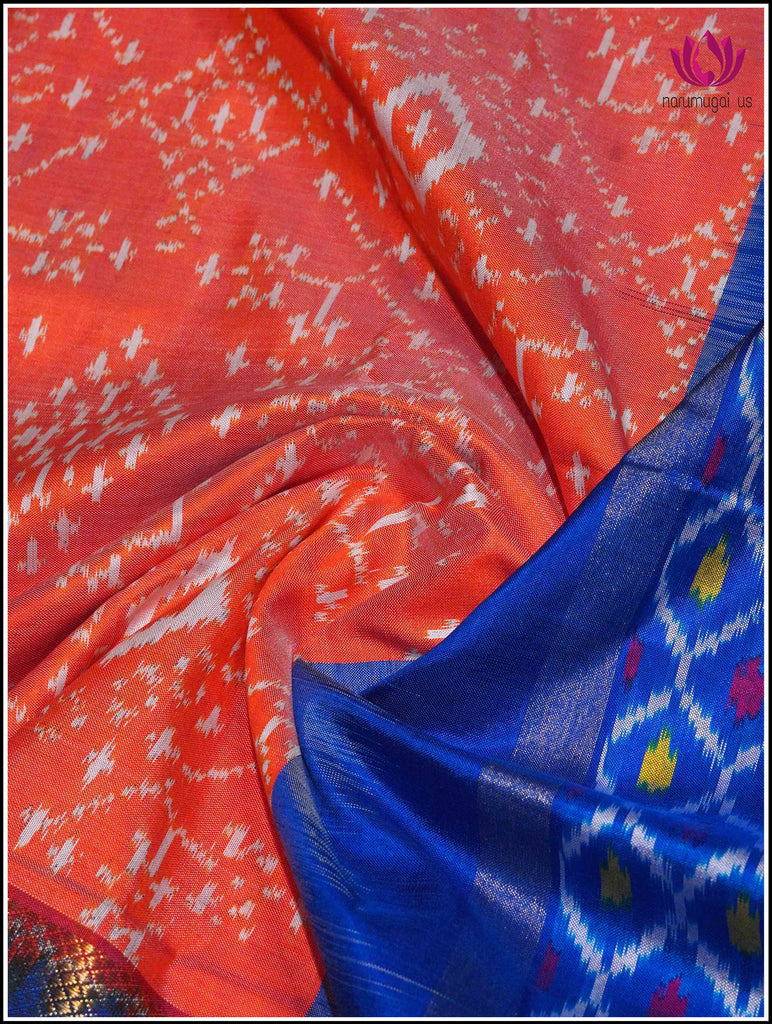 Ikkat Kanchipuram soft silk saree in Orange with Blue border 8