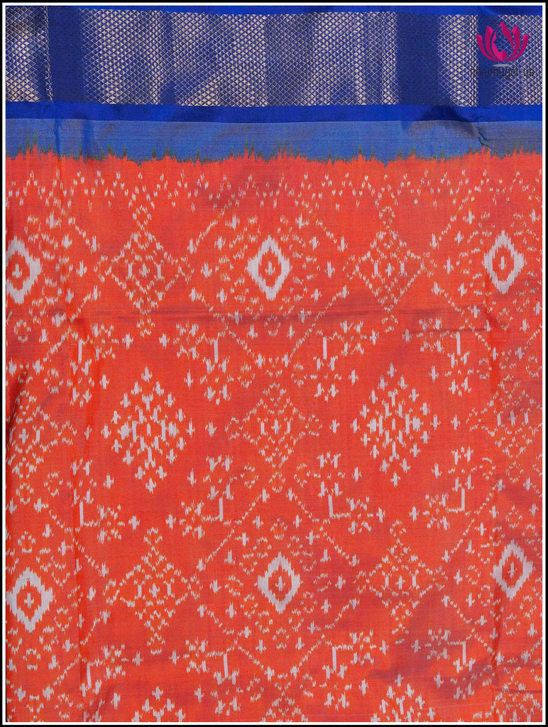 Ikkat Kanchipuram soft silk saree in Orange with Blue border 6