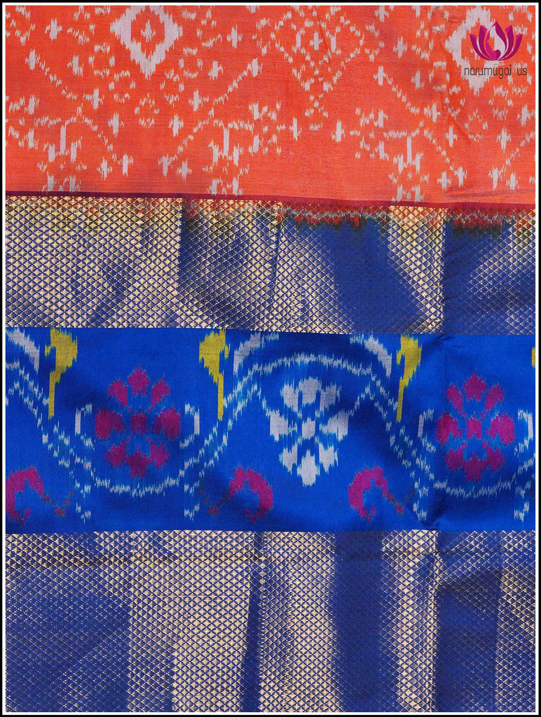 Ikkat Kanchipuram soft silk saree in Orange with Blue border 5