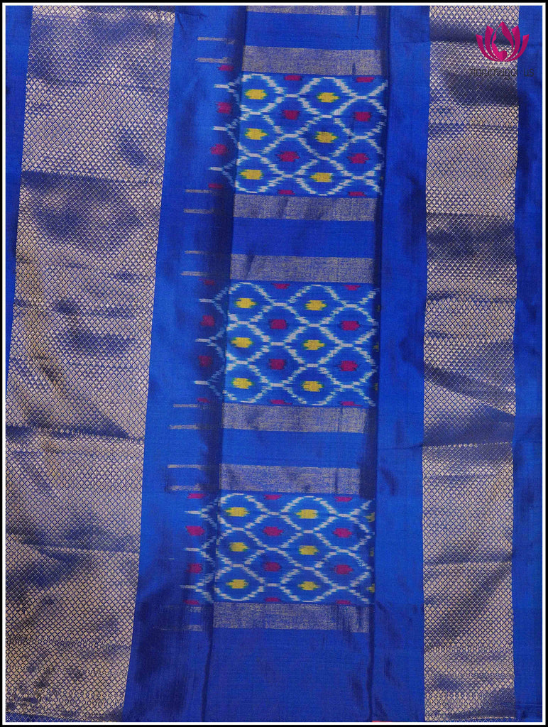 Ikkat Kanchipuram soft silk saree in Orange with Blue border 4