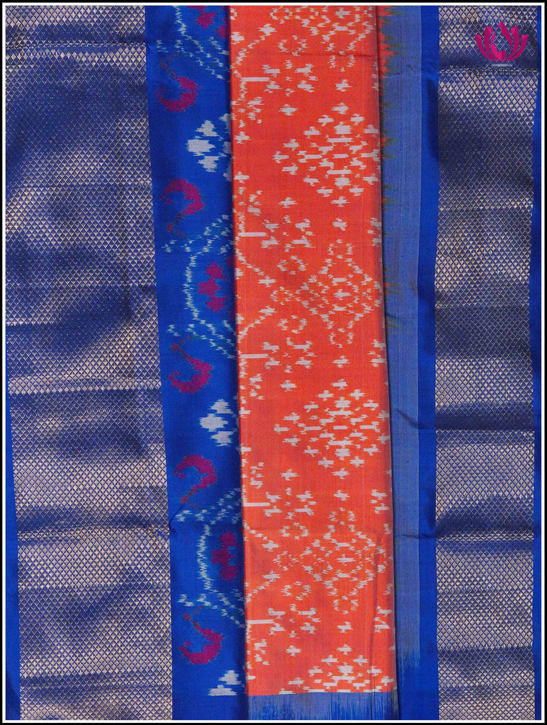 Ikkat Kanchipuram soft silk saree in Orange with Blue border 3
