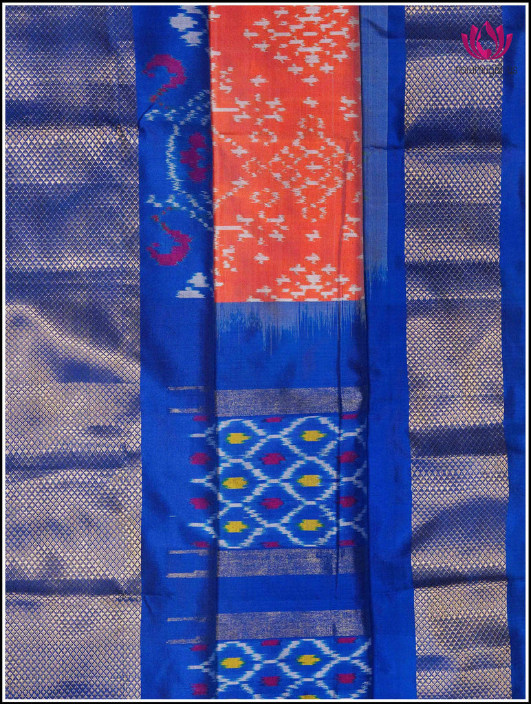 Ikkat Kanchipuram soft silk saree in Orange with Blue border 2