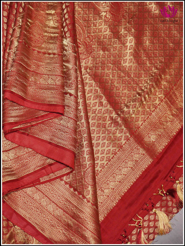 Mysore Silk Sari in Red with Gold Zari 2