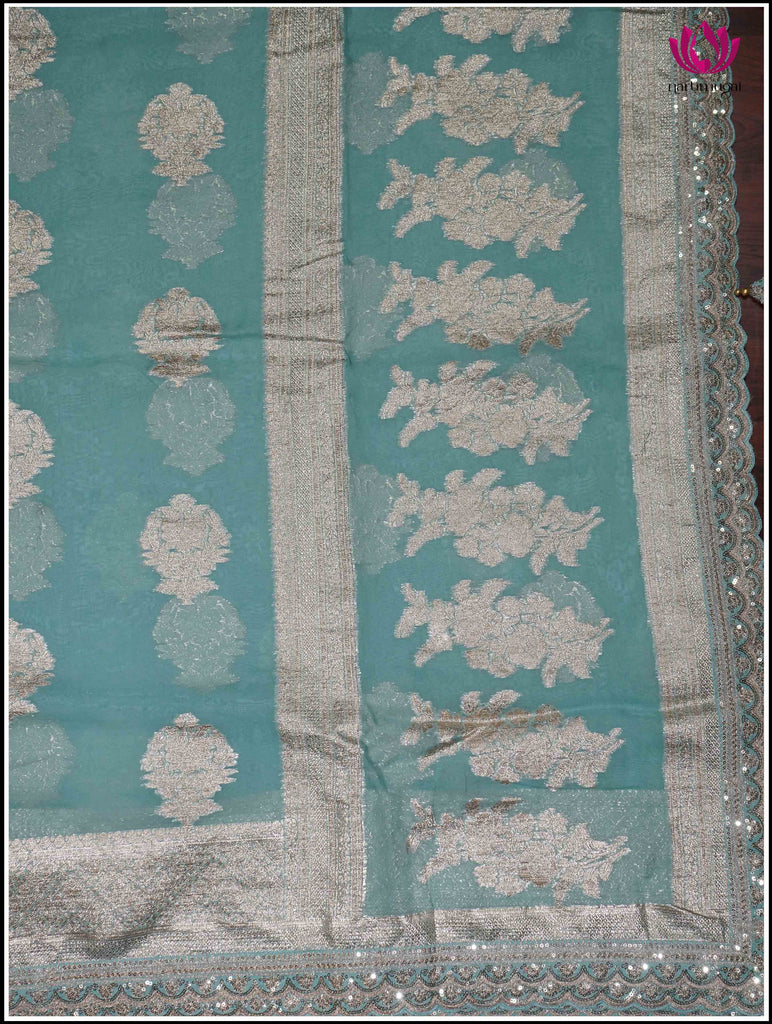Georgette Saree in Turquoise Blue with Golden Zari 7