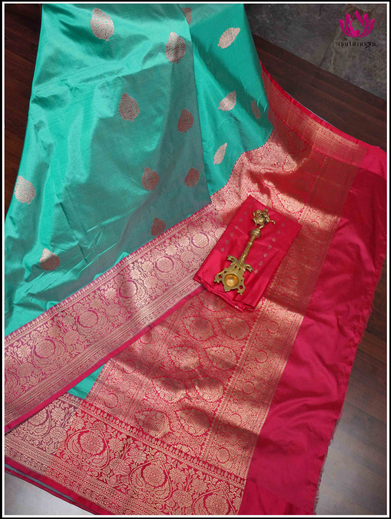Banarasi Katan Silk Saree in Turquoise Blue and Pinkish Red 9