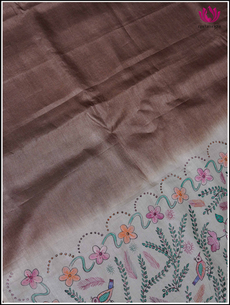 Gachi Tussar Silk Saree in Brown with Handbrush Painted pallu 5