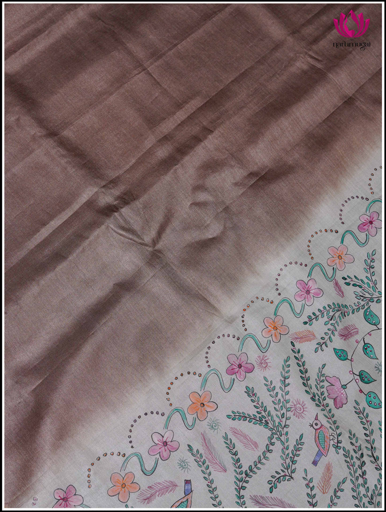 Gachi Tussar Silk Saree in Brown with Handbrush Painted pallu 6