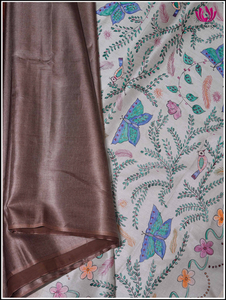 Gachi Tussar Silk Saree in Brown with Handbrush Painted pallu 8