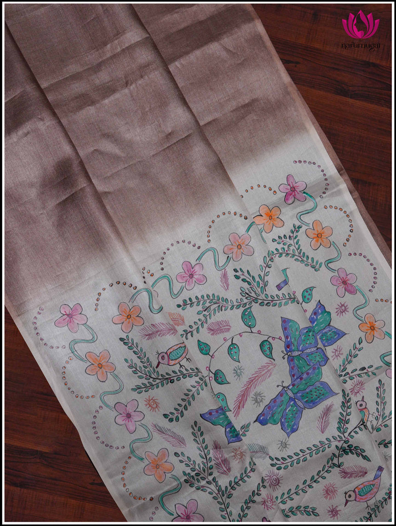 Gachi Tussar Silk Saree in Brown with Handbrush Painted pallu 11