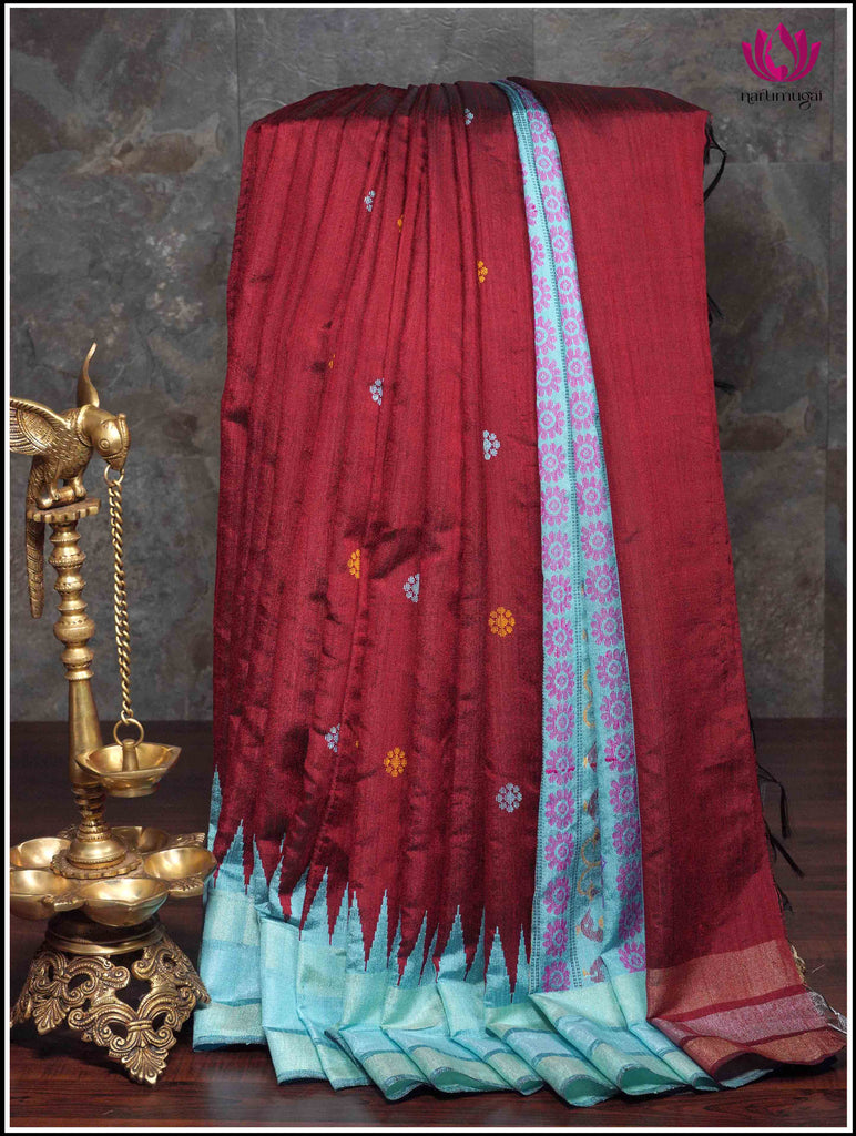 Raw Silk Saree in Maroon with Blue Border 8