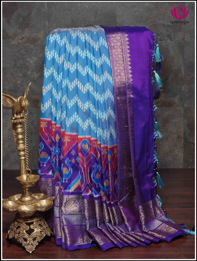 Kanchipuram Ikkat Silk Saree in Blue with dual tone border - Silk Mark Certified