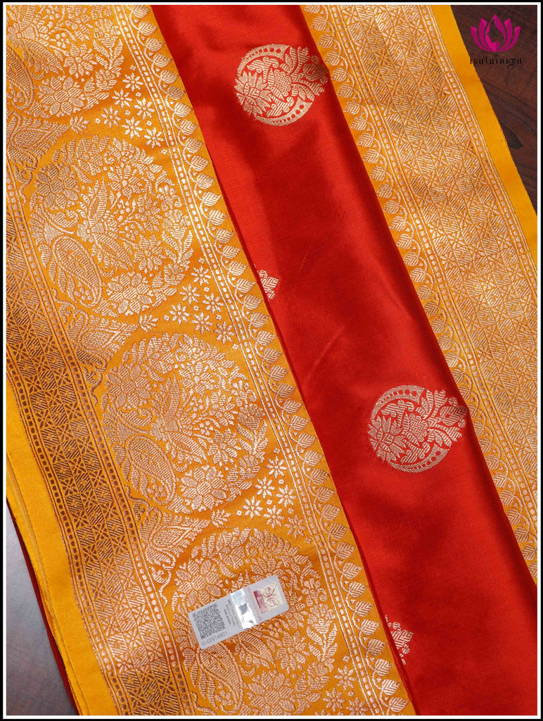 Banarasi Katan Silk Saree in Red and Yellow 11