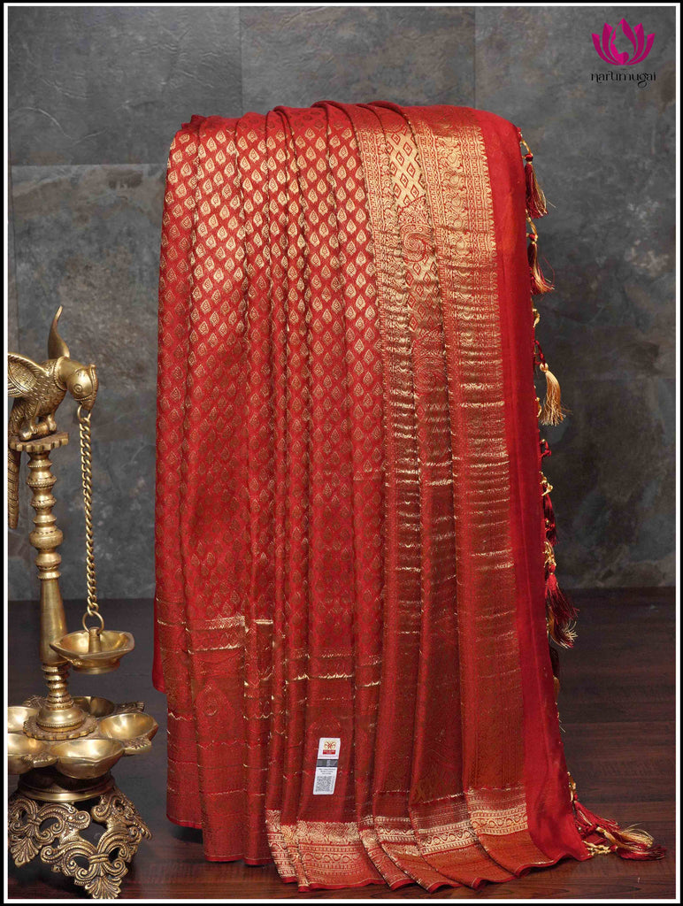 Mysore Silk Sari in Red with Gold Zari 11