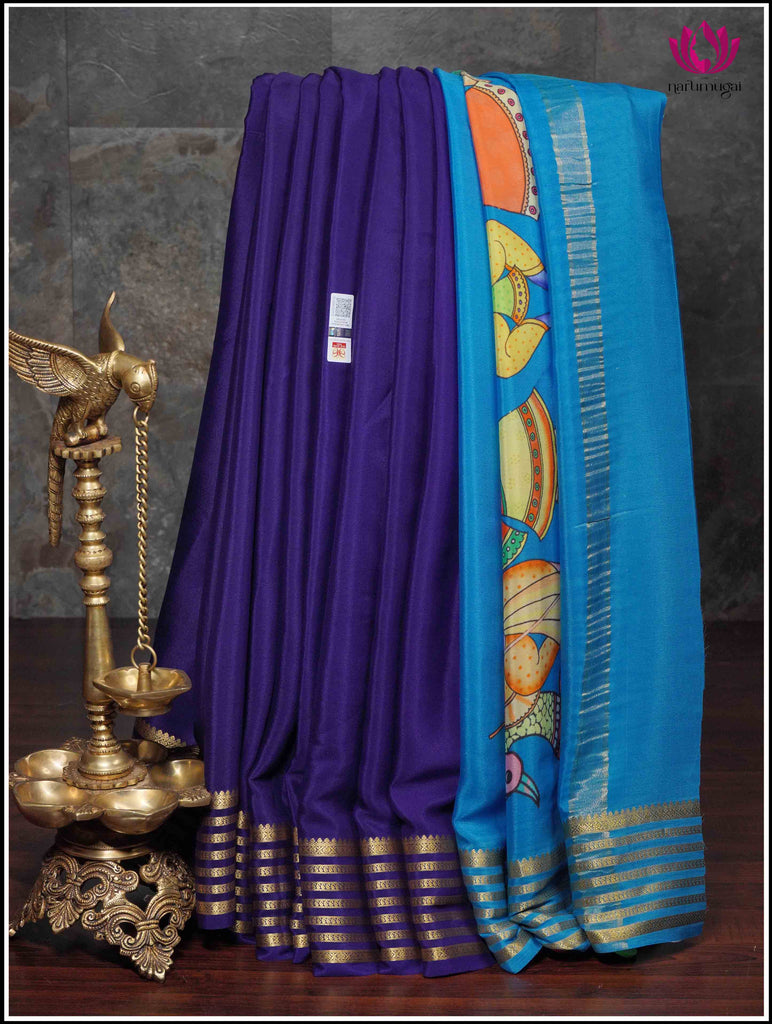 Mysore Silk Saree in Blue with Hand Painted Pallu