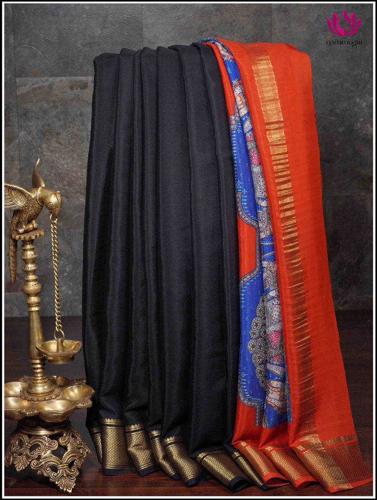 Mysore Silk Saree in Black with Hand Painted Pallu 11