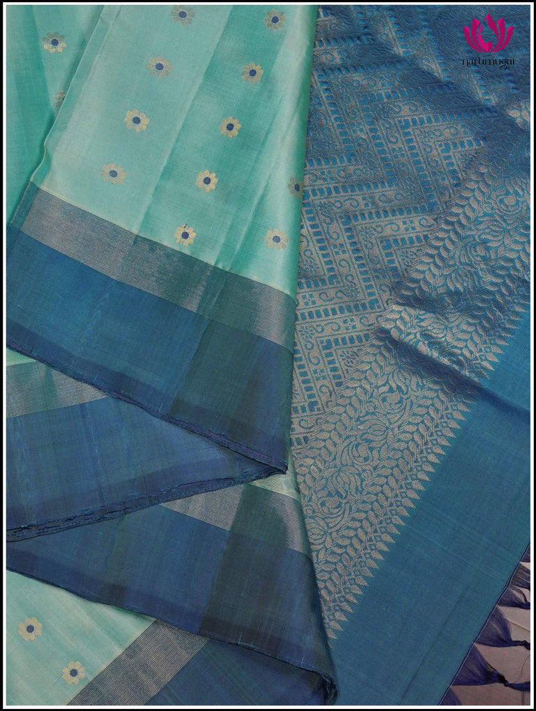 Kanchipuram Silk Saree in Teal Blue with Peacock Blue 6
