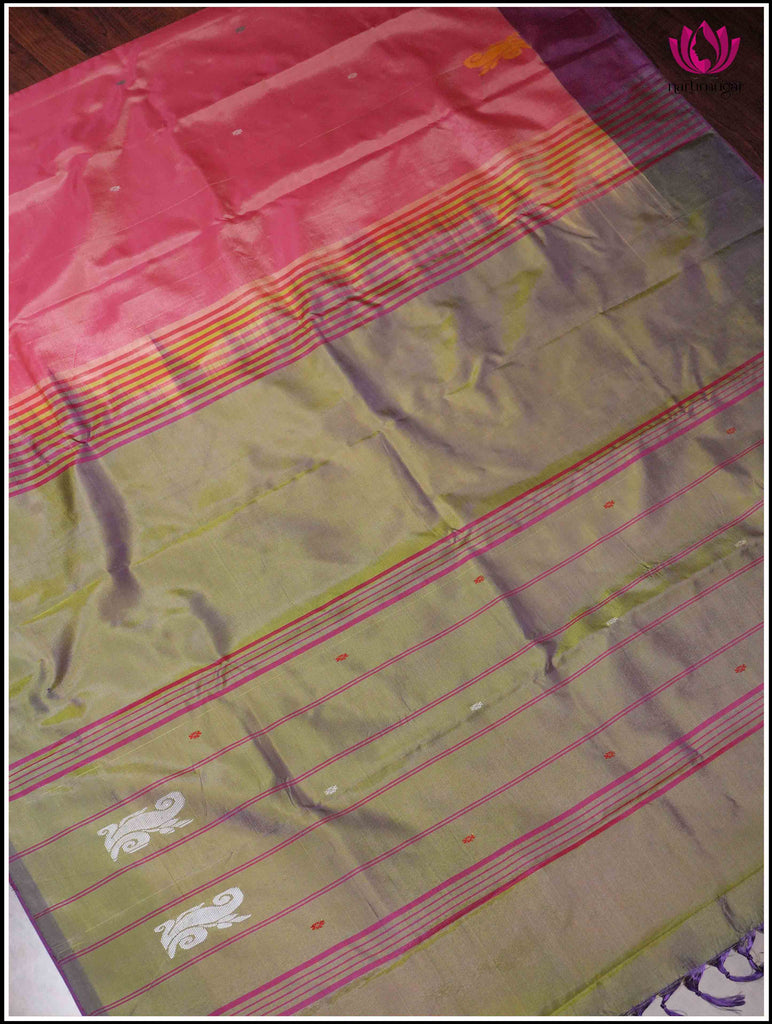 Vegan Silk Saree in Pink and Green 3