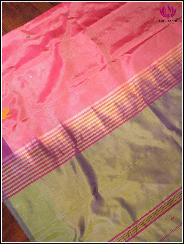 Vegan Silk Saree in Pink and Green 5