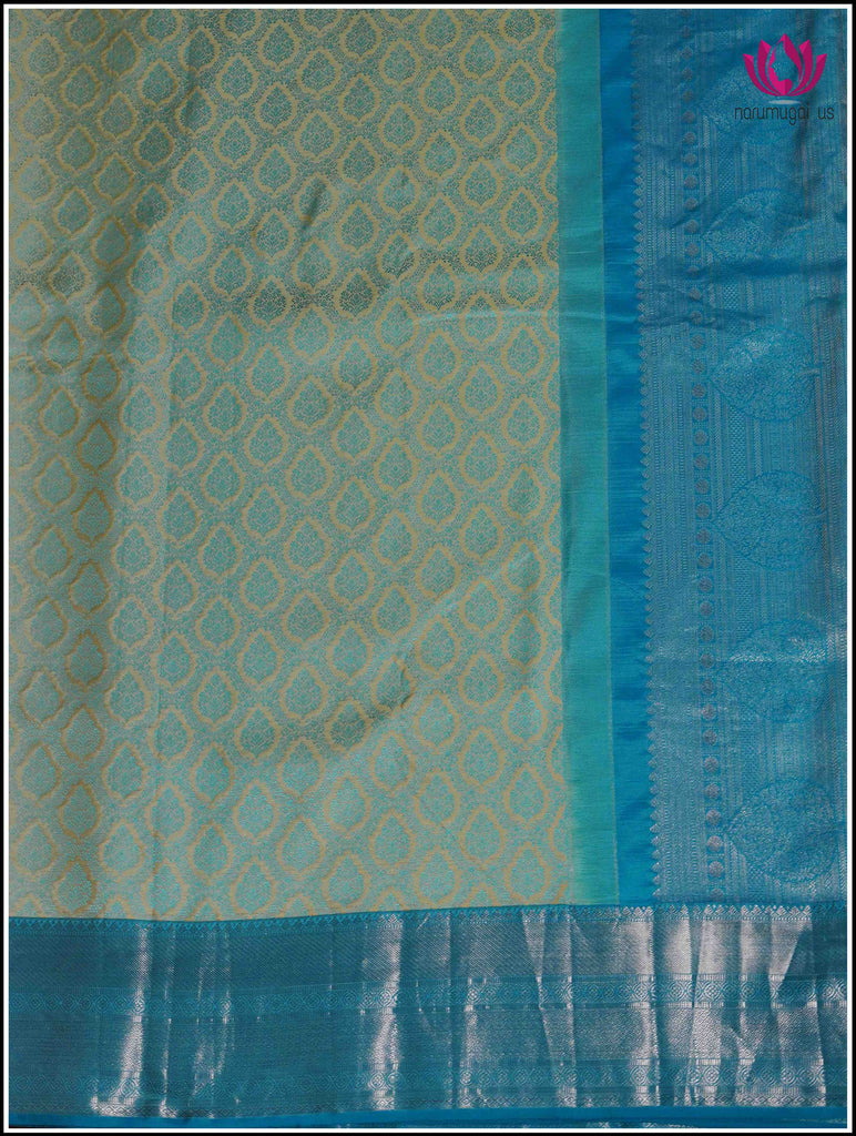 Kanchipuram Silk Saree in Greenish Yellow with brocade design in blue threads & Blue border and pallu in Silver Zari 9