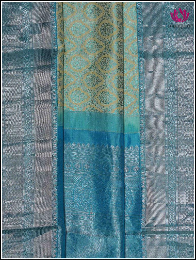 Kanchipuram Silk Saree in Greenish Yellow with brocade design in blue threads & Blue border and pallu in Silver Zari 3