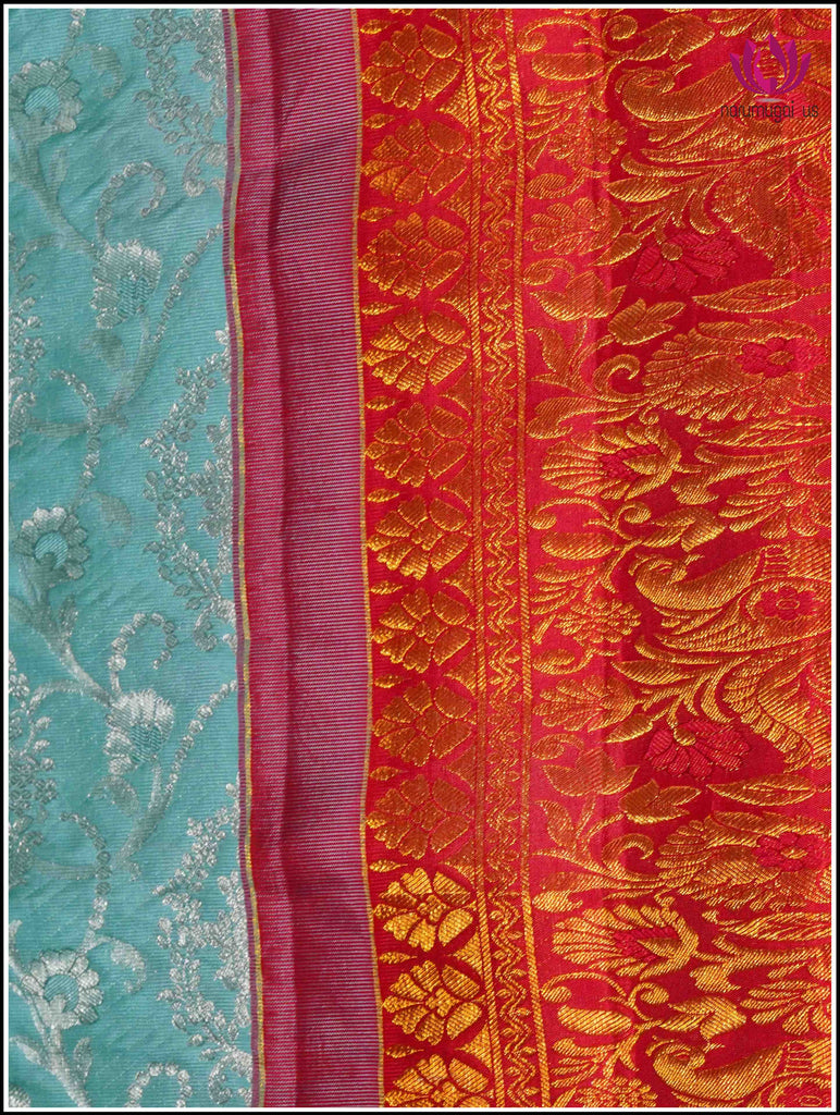 Kanchipuram Silk Saree in Light Green with Red Border with Silver and Gold Zari 10