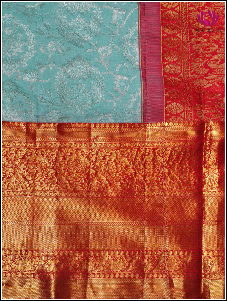 Kanchipuram Silk Saree in Light Green with Red Border with Silver and Gold Zari 9