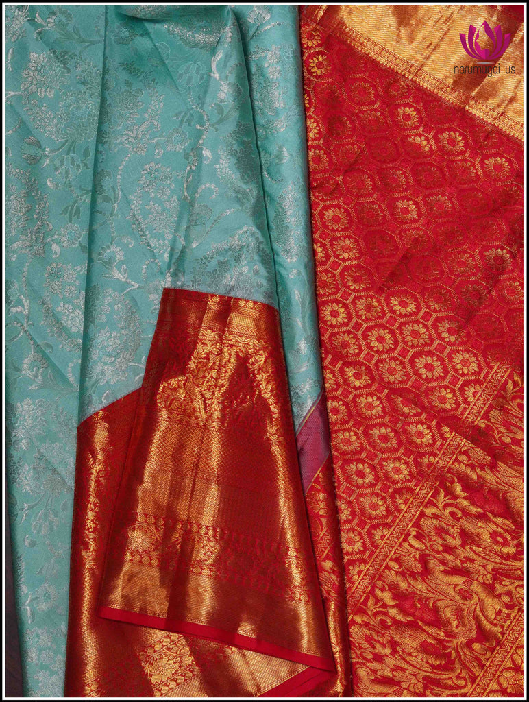 Kanchipuram Silk Saree in Light Green with Red Border with Silver and Gold Zari 6