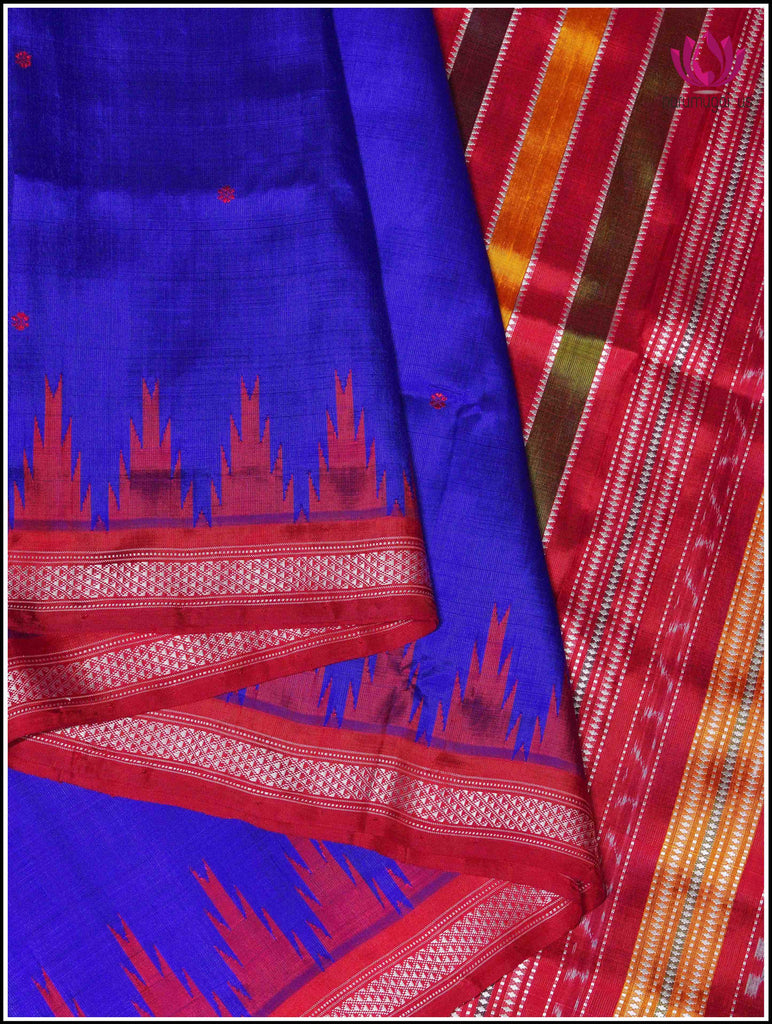 Berhampuri double pallu ( Double anchal) pure silk saree in Blue and Red 1